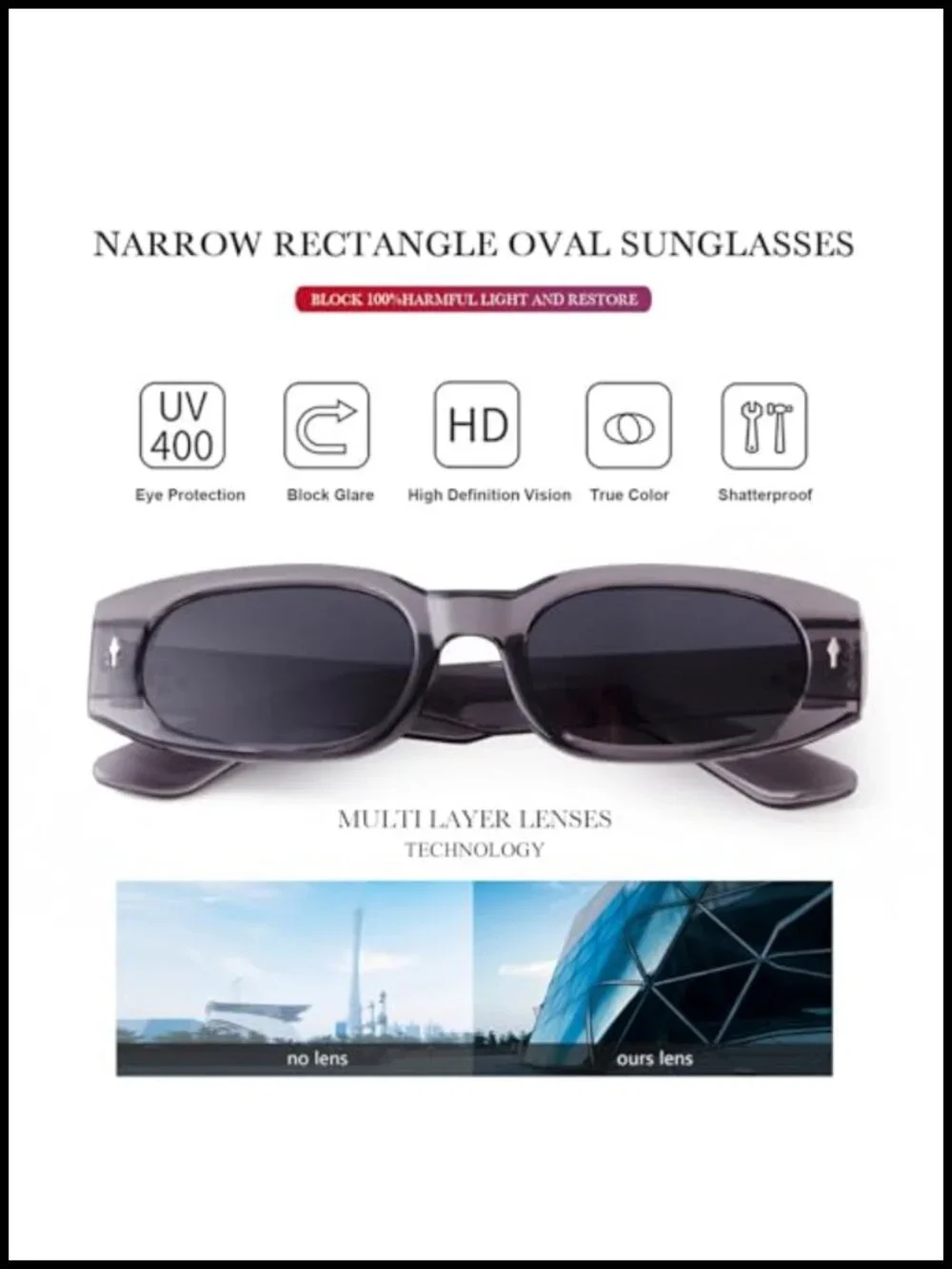 Y2K Retro Rectangle Sunglasses Vintage 90s Narrow Oval Frame UV400